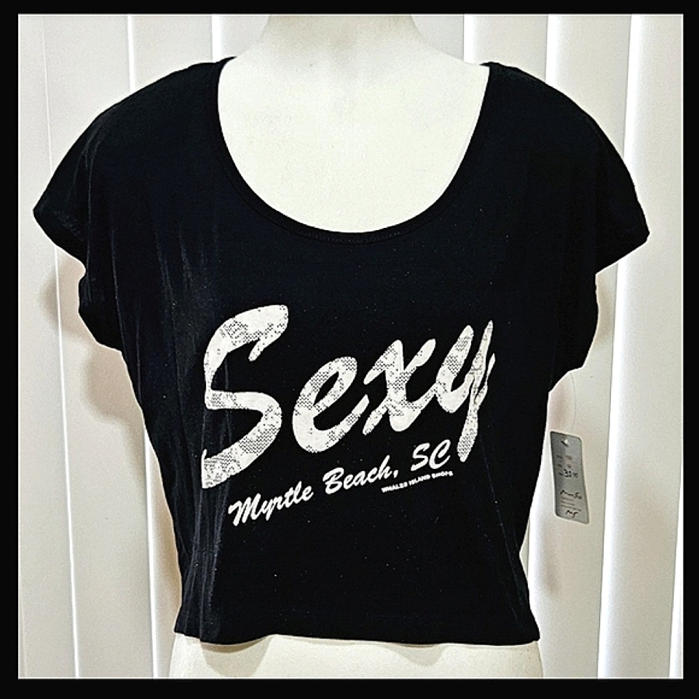 MIAMI STYLE Cropped Black Pullover Top, Sexy Graphic Front Sz Med NWT